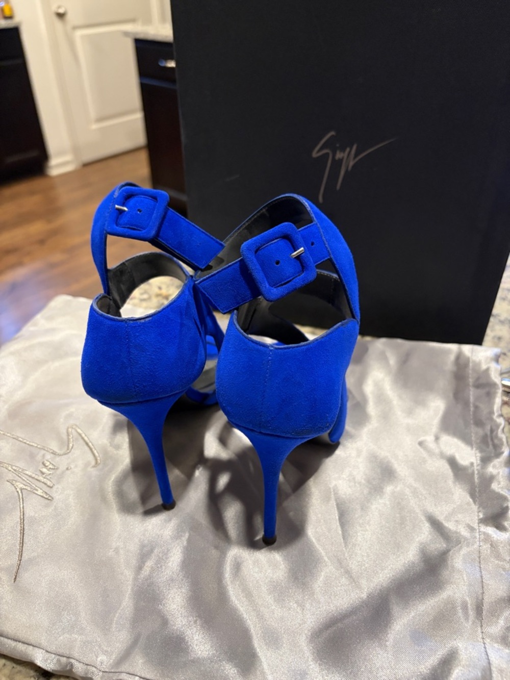Giuseppe Zanotti Cobalt Blue Suede Sculptural Cutout Stiletto Sandals - Picture 4 of 6